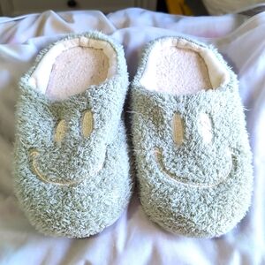 Smiley Face Fuzzy Slide on Slippers, Medium, Teal